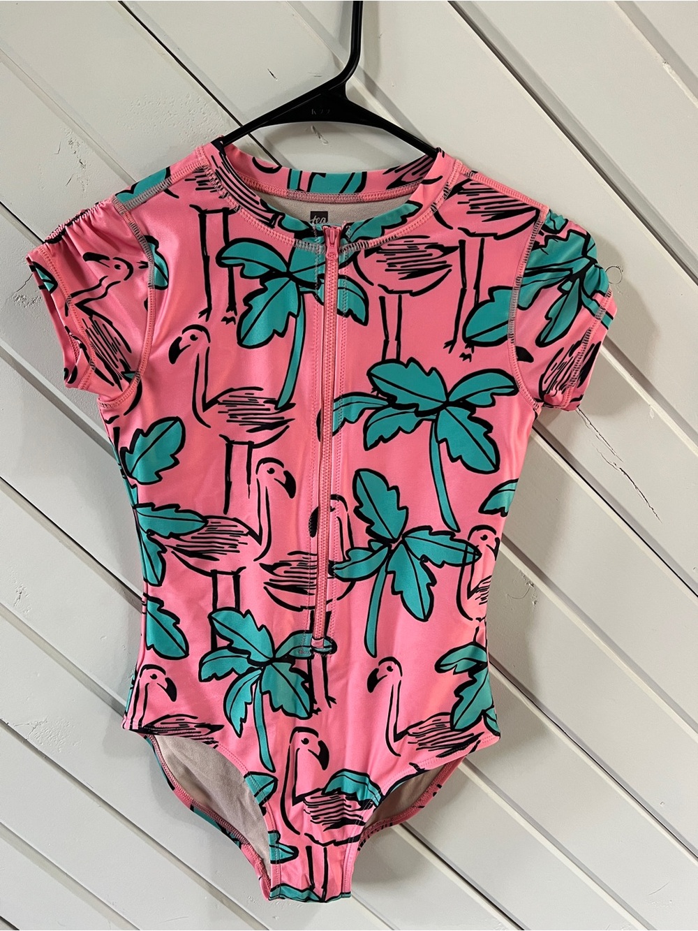TEA Collection Girl’s Sz 12 Pink Flamingo Green Palms  UV One Piece Swimsuit
